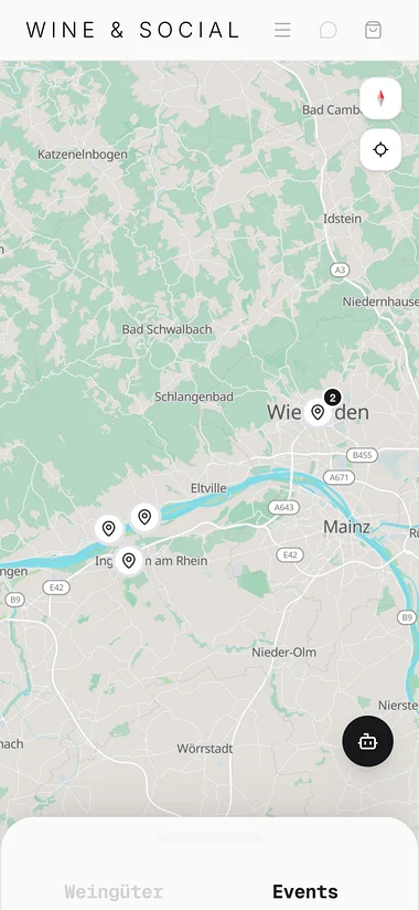 Explore auf dem iPhone: Events und Weingüter auf der Karte in Rheinhessen