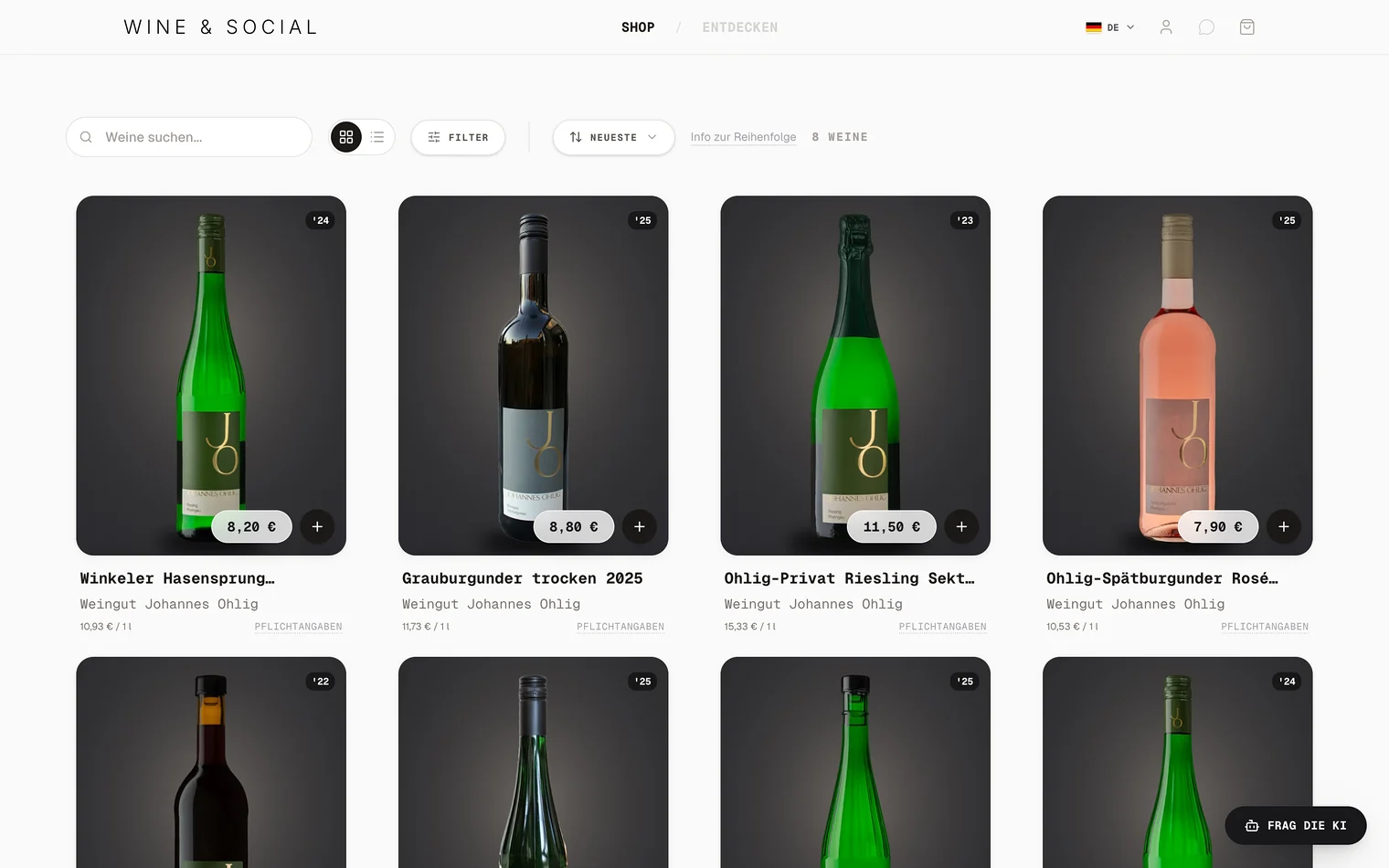 Shop im Desktop-Browser: Weine im Raster mit Preis, Grundpreis und Pflichtangaben